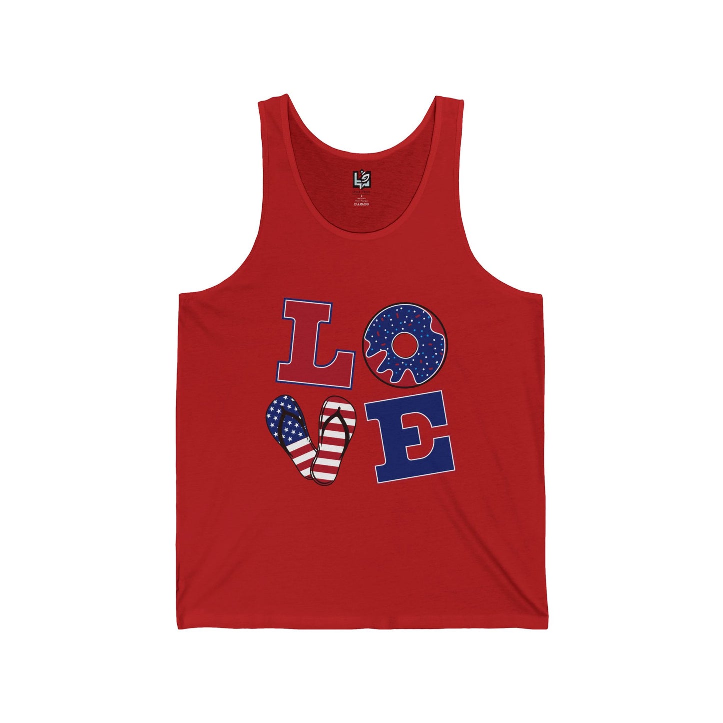 Unisex Jersey Tank - ‘LOVE’ Patriotic Design, Casual Summer Wear, 4th of July, Gifts for Him or Her, Fitness Gear, Festival Attire