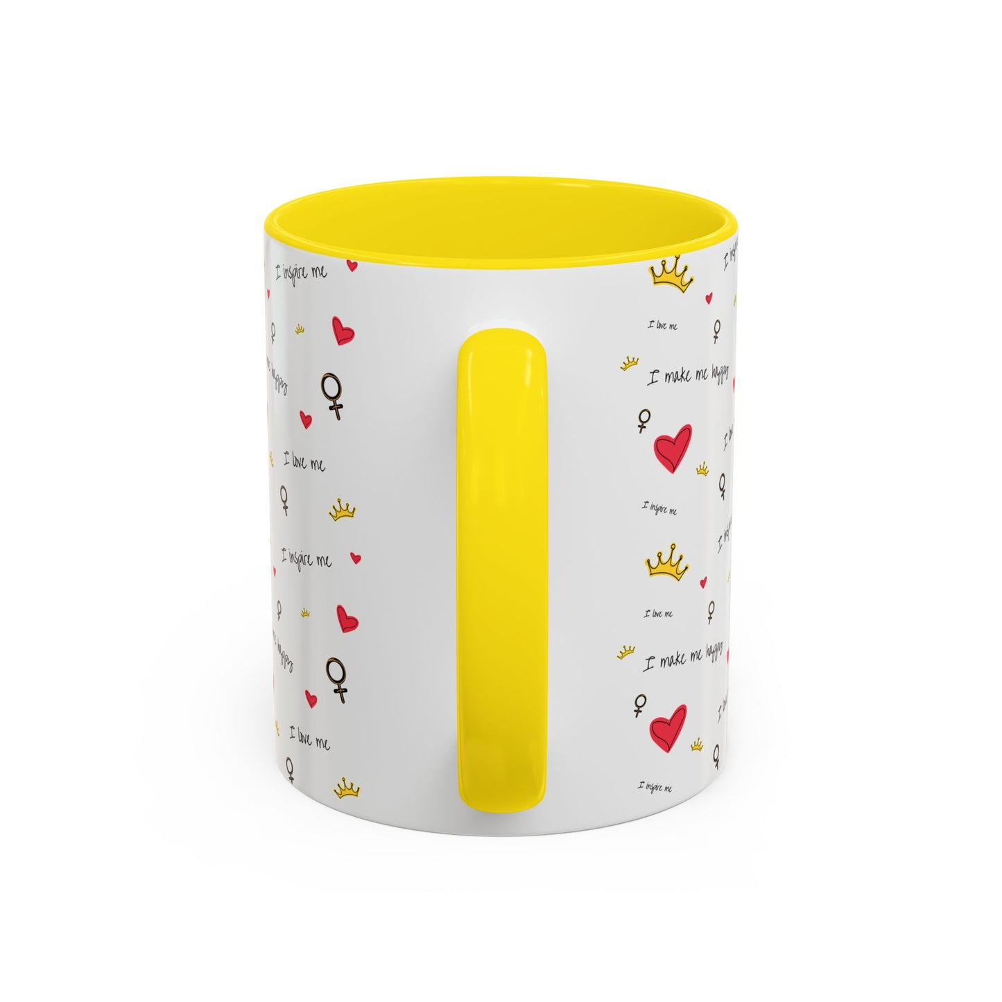 Inspirational Accent Coffee Mug - "I Love Me", Red Hearts and Crowns, Perfect Gift for Self-Care