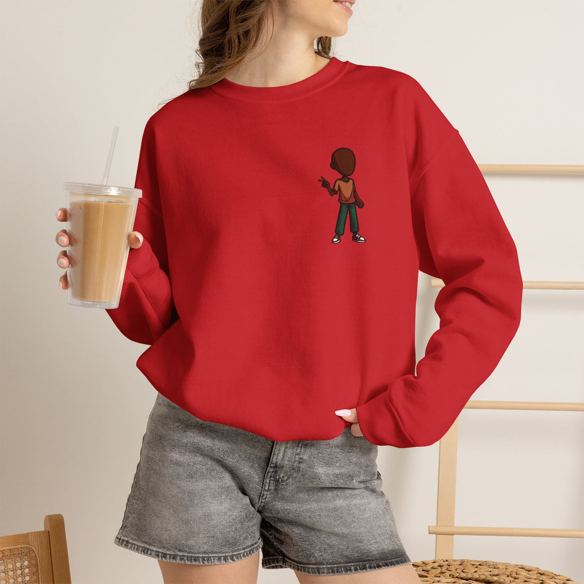 Crewneck Sweatshirt with Cartoon Guitarist & 'Rock On' Sleeve Graphic