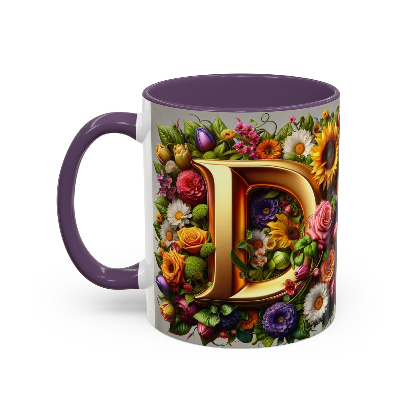 Floral Letter D Accent Coffee Mug - Colorful Personalized Drinkware for Nature Lovers