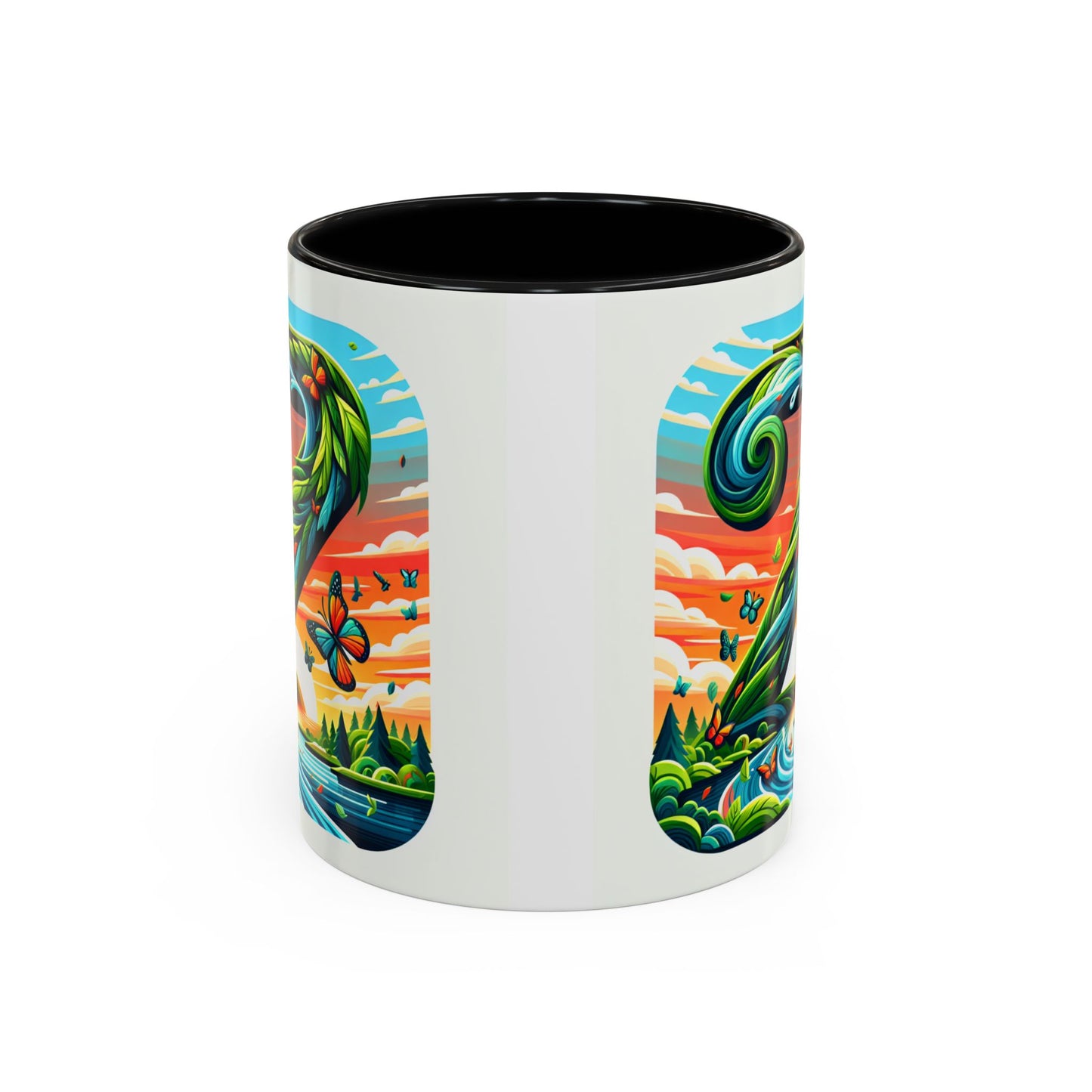 Nature-Inspired Accent Coffee Mug - Vibrant Green Design with Butterflies and Scenic View