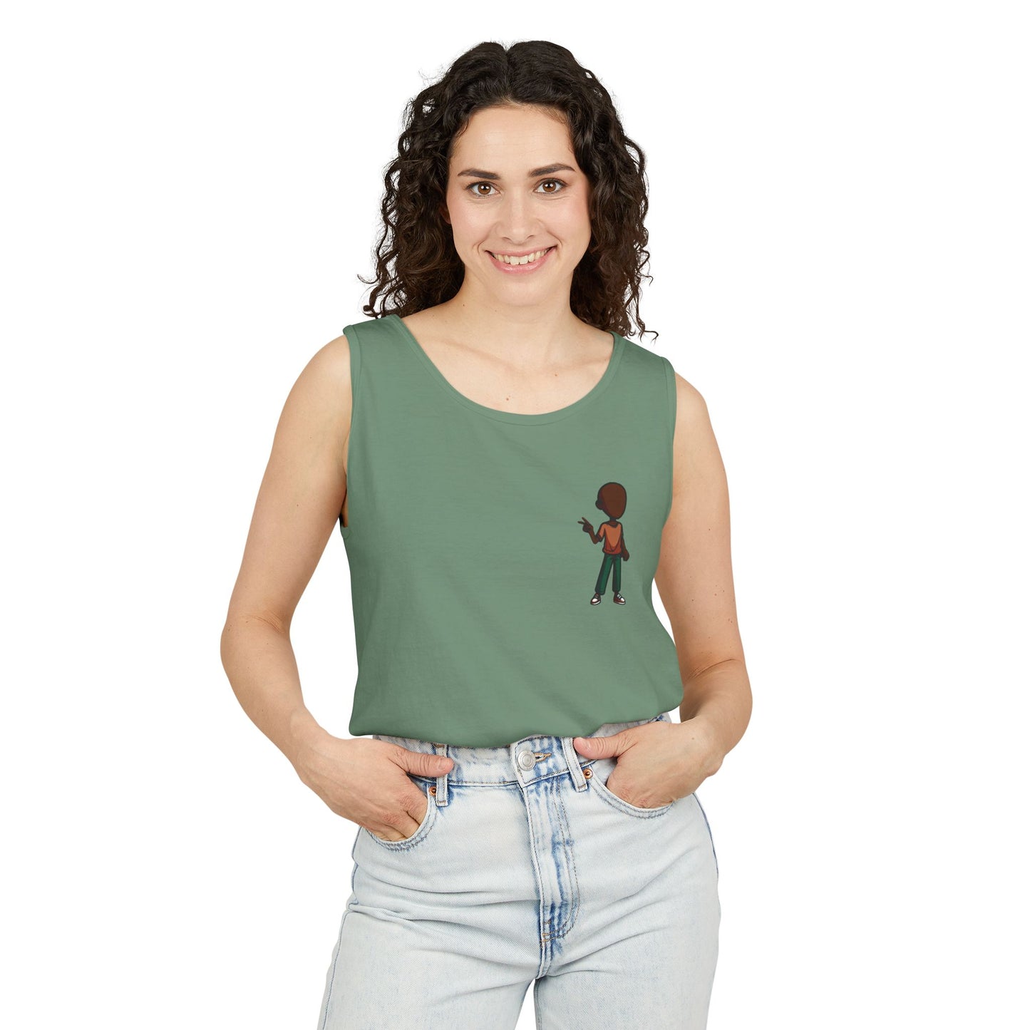 Minimalist Coffee Lover Tank — Small Cartoon Person Holding Mug Graphic Tank Top