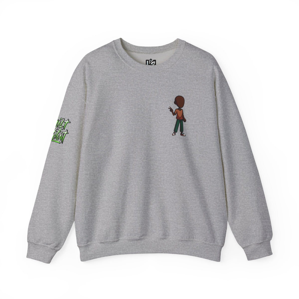 Crewneck Sweatshirt with Cartoon Guitarist & 'Rock On' Sleeve Graphic