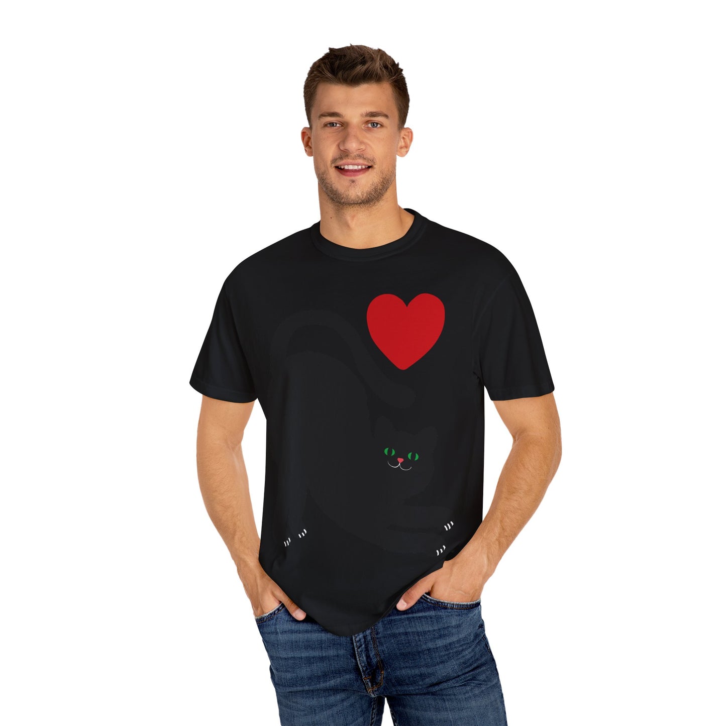 Cute Cat Lover's Unisex Garment-Dyed T-Shirt - Playful Black Cat with Heart Design