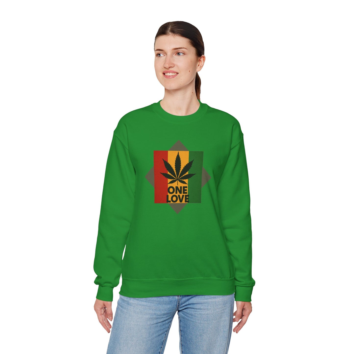 One Love Cannabis Crewneck Sweatshirt | Unisex Pullover | Cozy Streetwear, Gift for Stoners, Rasta Style Sweatshirt, Chill Vibes Apparel