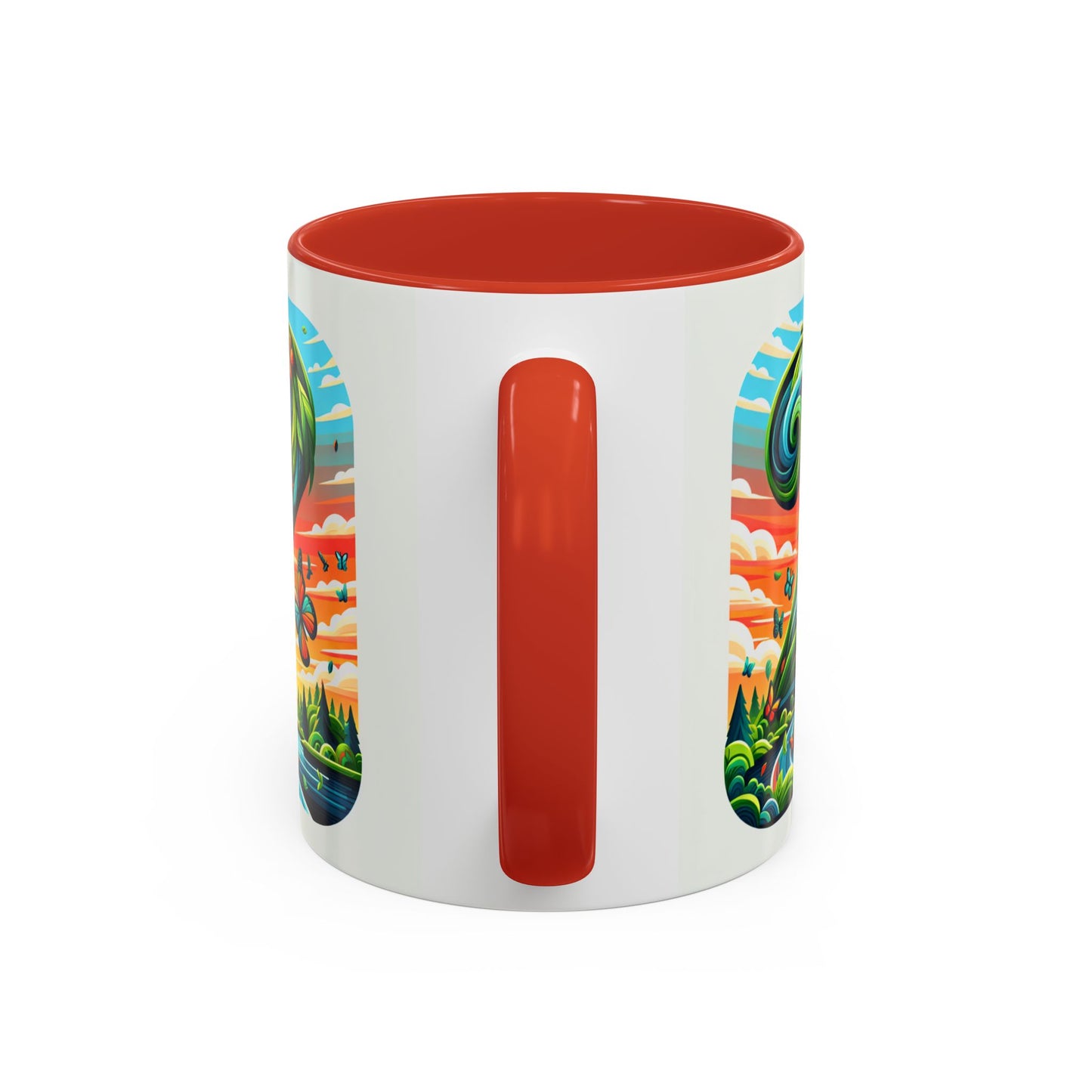 Nature-Inspired Accent Coffee Mug - Vibrant Green Design with Butterflies and Scenic View