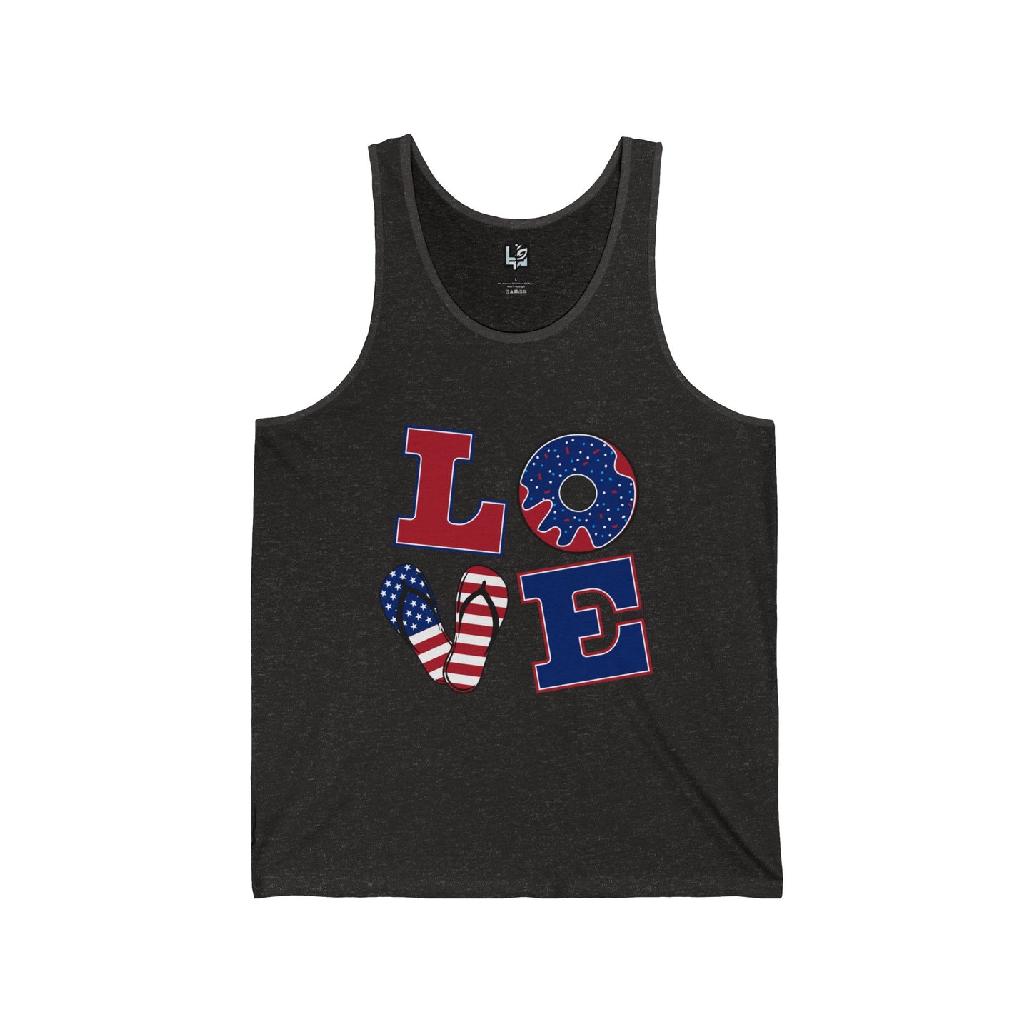 Unisex Jersey Tank - ‘LOVE’ Patriotic Design, Casual Summer Wear, 4th of July, Gifts for Him or Her, Fitness Gear, Festival Attire