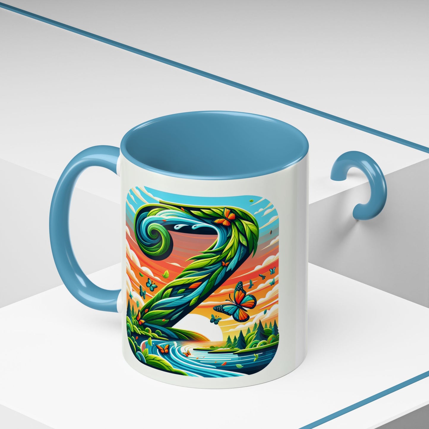 Nature-Inspired Accent Coffee Mug - Vibrant Green Design with Butterflies and Scenic View