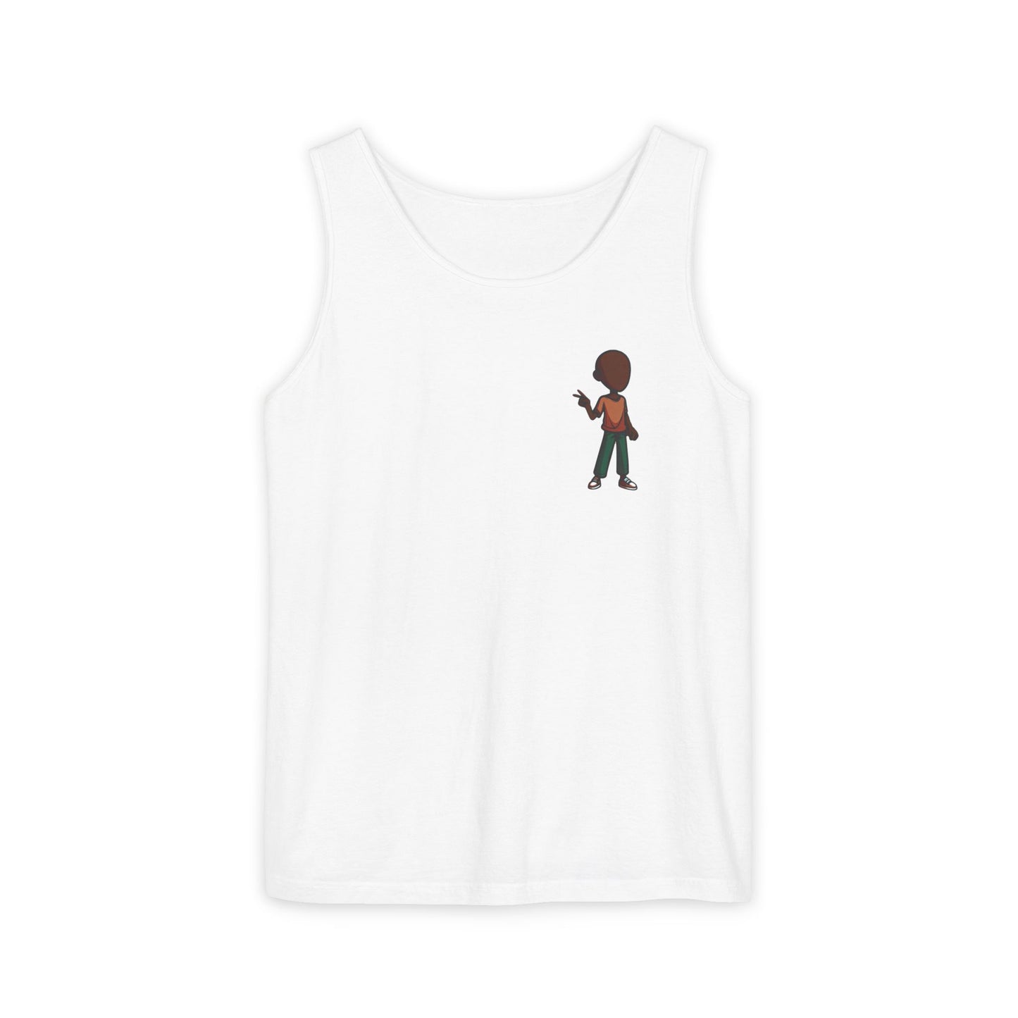 Minimalist Coffee Lover Tank — Small Cartoon Person Holding Mug Graphic Tank Top