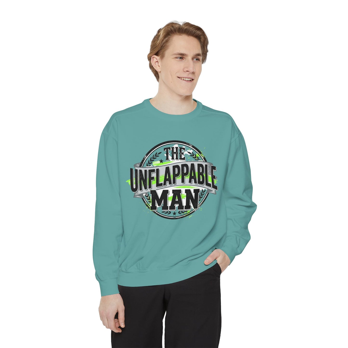 The Unflappable Man Sweatshirt — Retro Badge Graphic Crewneck