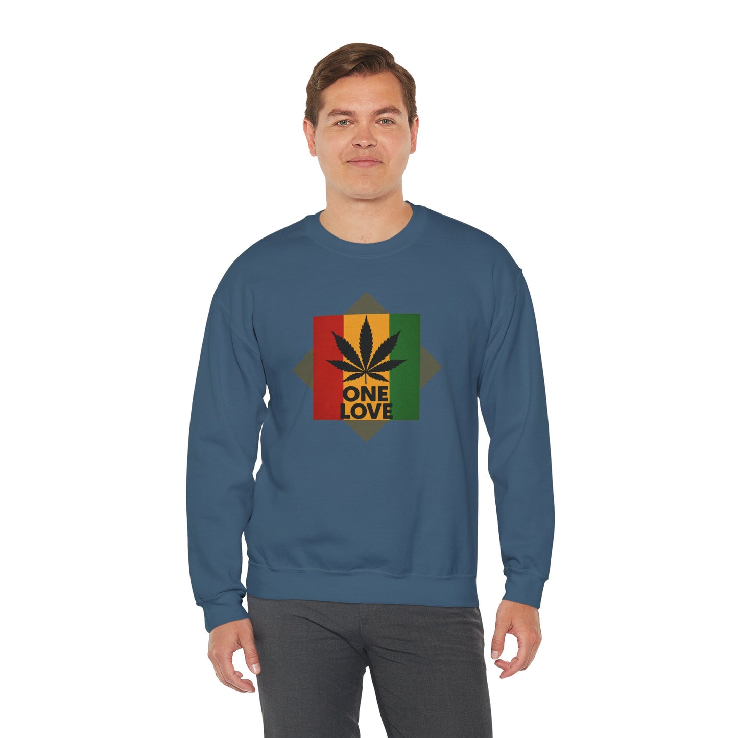 One Love Cannabis Crewneck Sweatshirt | Unisex Pullover | Cozy Streetwear, Gift for Stoners, Rasta Style Sweatshirt, Chill Vibes Apparel