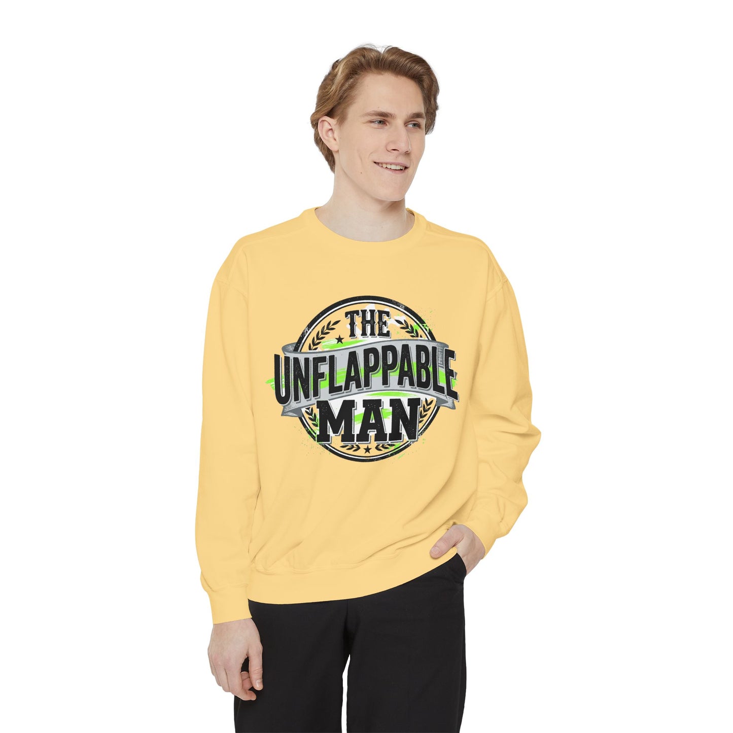 The Unflappable Man Sweatshirt — Retro Badge Graphic Crewneck