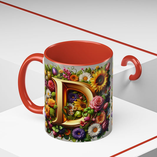 Floral Letter D Accent Coffee Mug - Colorful Personalized Drinkware for Nature Lovers