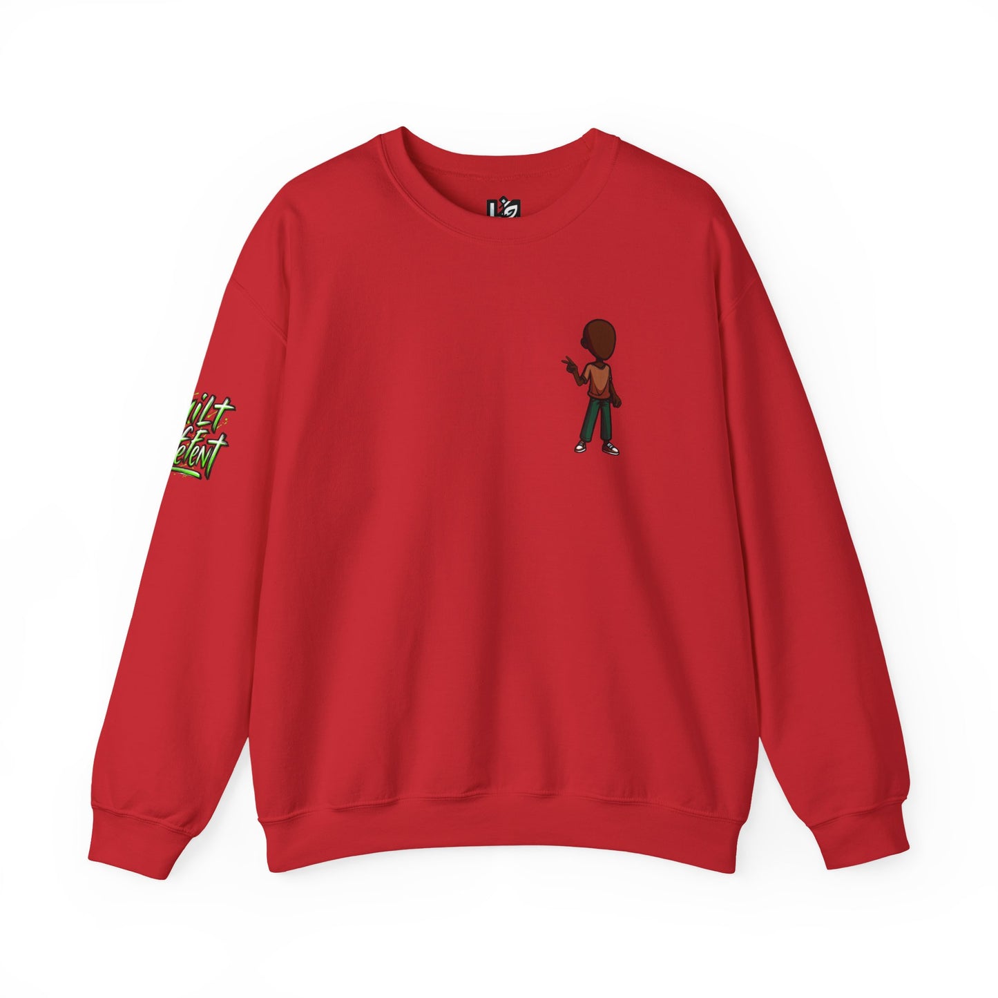 Crewneck Sweatshirt with Cartoon Guitarist & 'Rock On' Sleeve Graphic