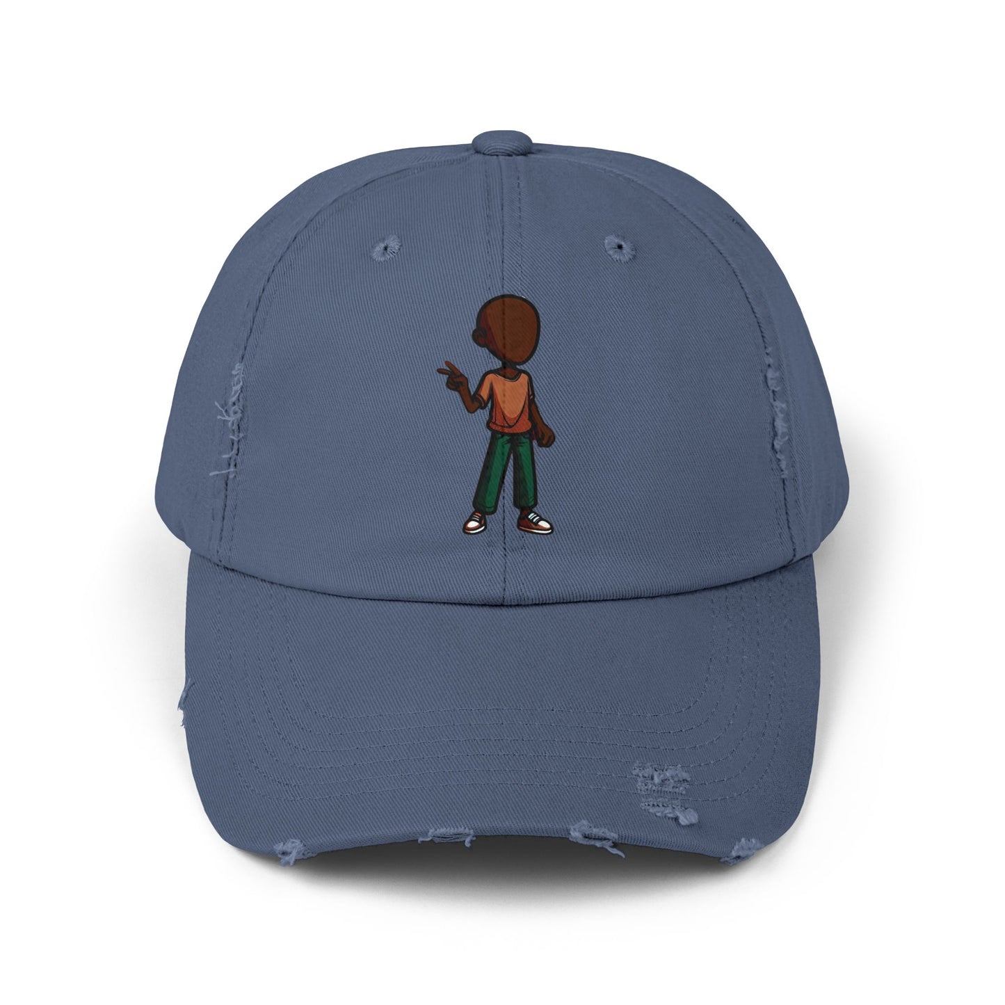 Distressed Black Dad Hat with Retro Boy Graphic — Casual Streetwear Cap