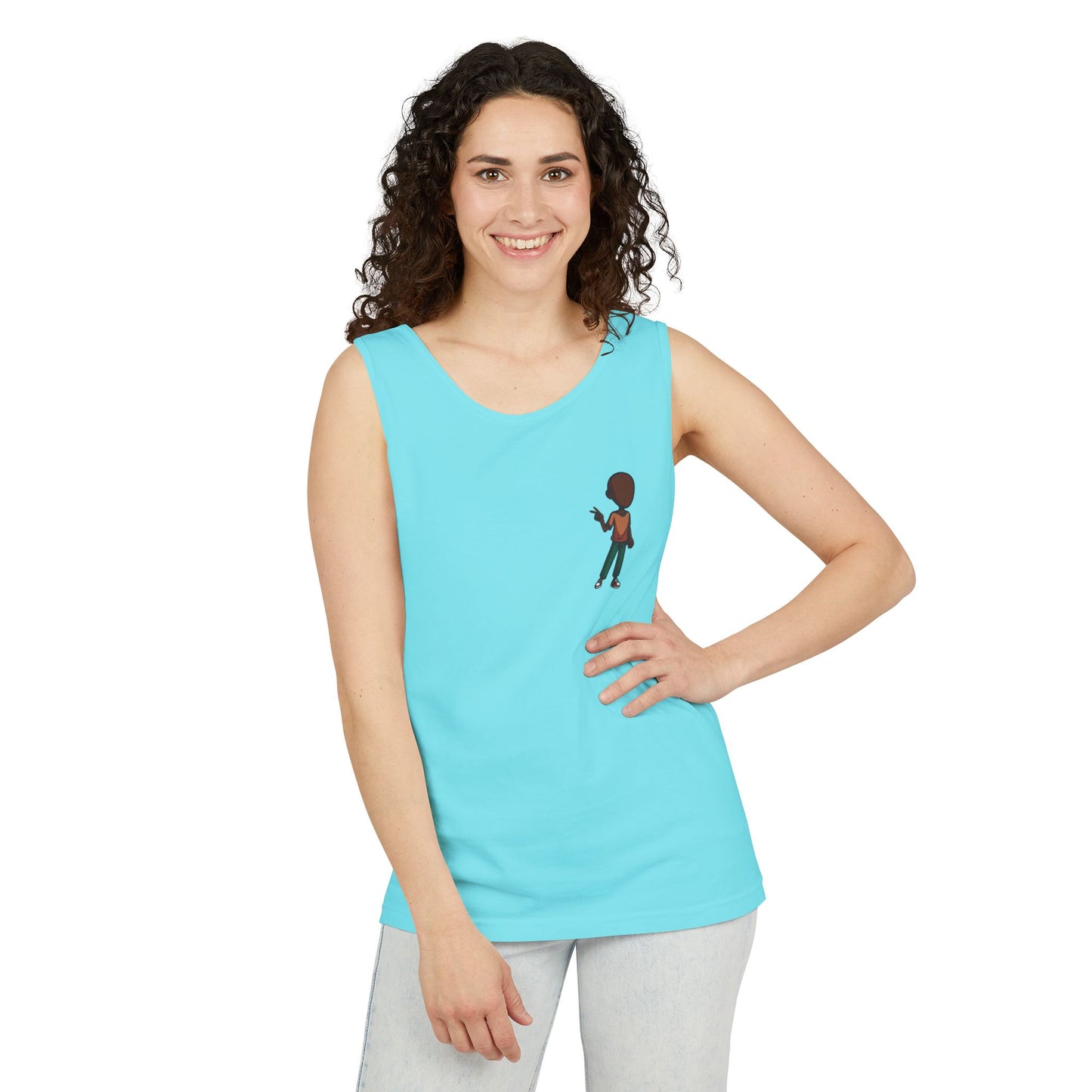 Minimalist Coffee Lover Tank — Small Cartoon Person Holding Mug Graphic Tank Top