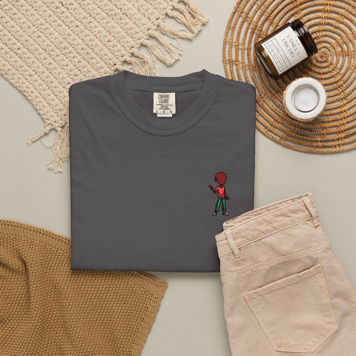 T-Shirt — Tiny Red-Haired Skateboarder Chest Graphic, Minimal Streetwear Tee