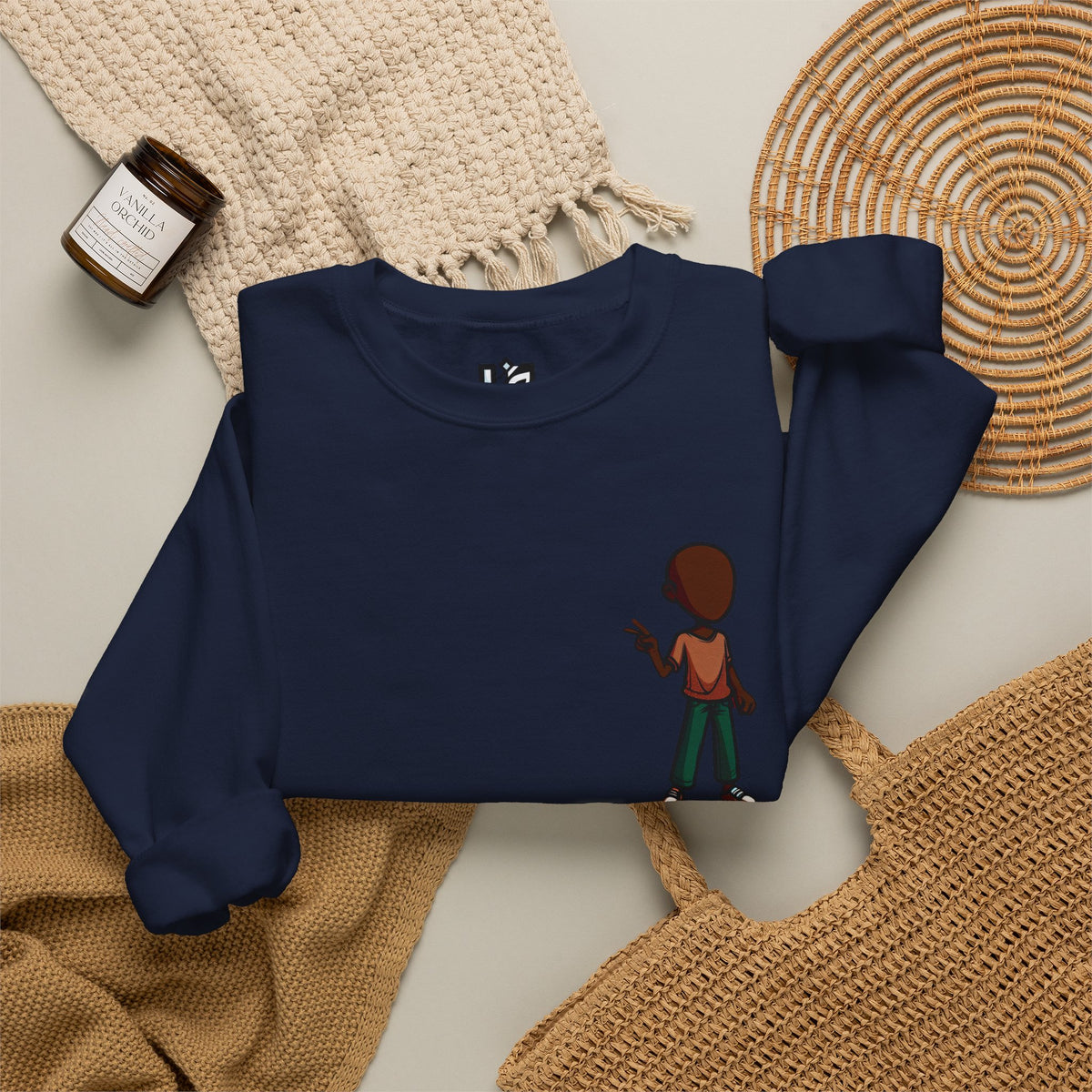 Crewneck Sweatshirt — Minimal Walking Kid Cartoon Chest Print