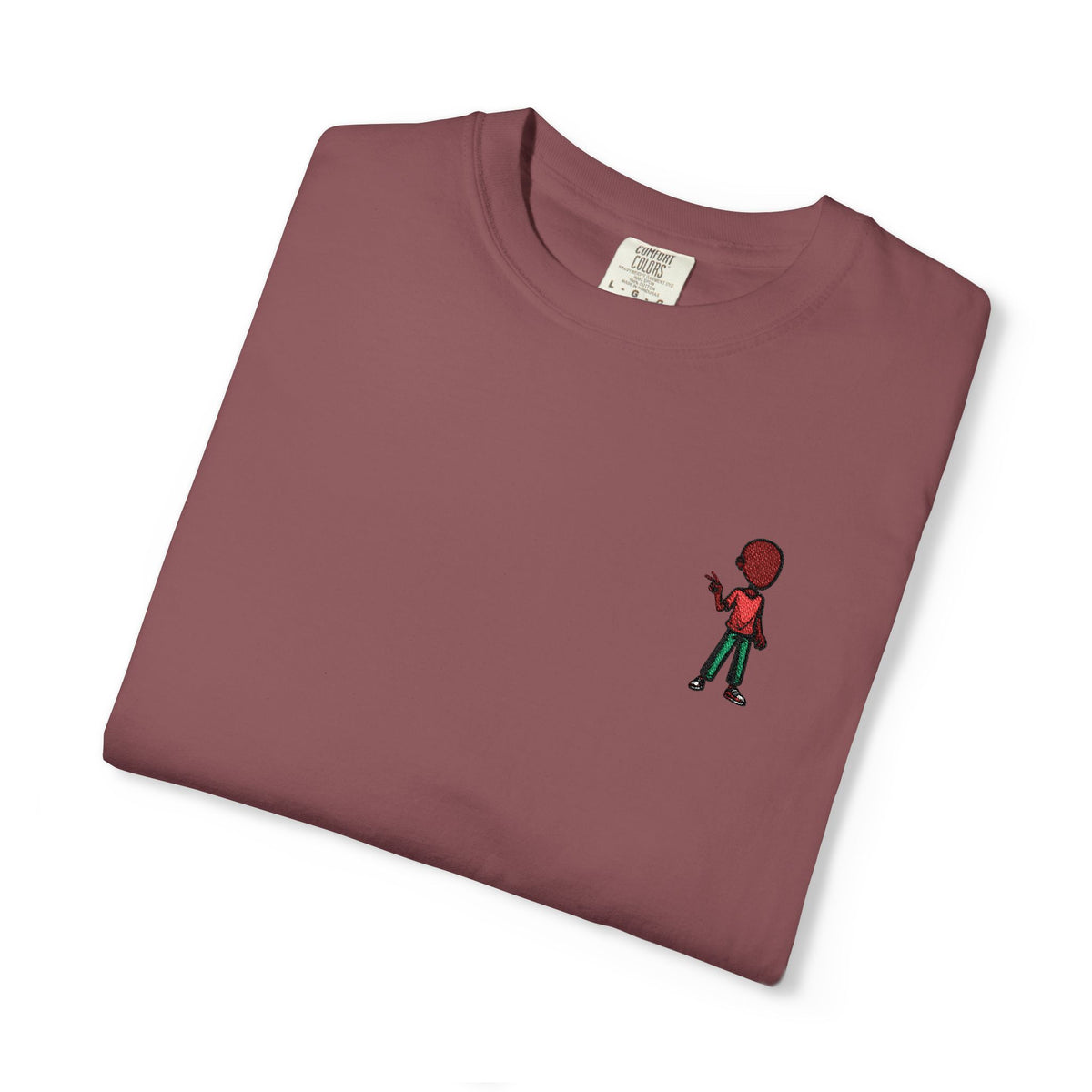 T-Shirt — Tiny Red-Haired Skateboarder Chest Graphic, Minimal Streetwear Tee