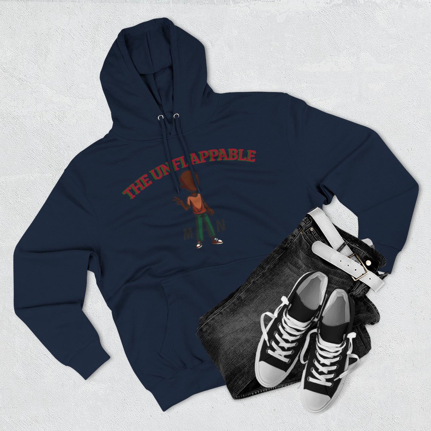 Unflappable Man Hoodie — Graphic Fleece Pullover with Cartoon Character
