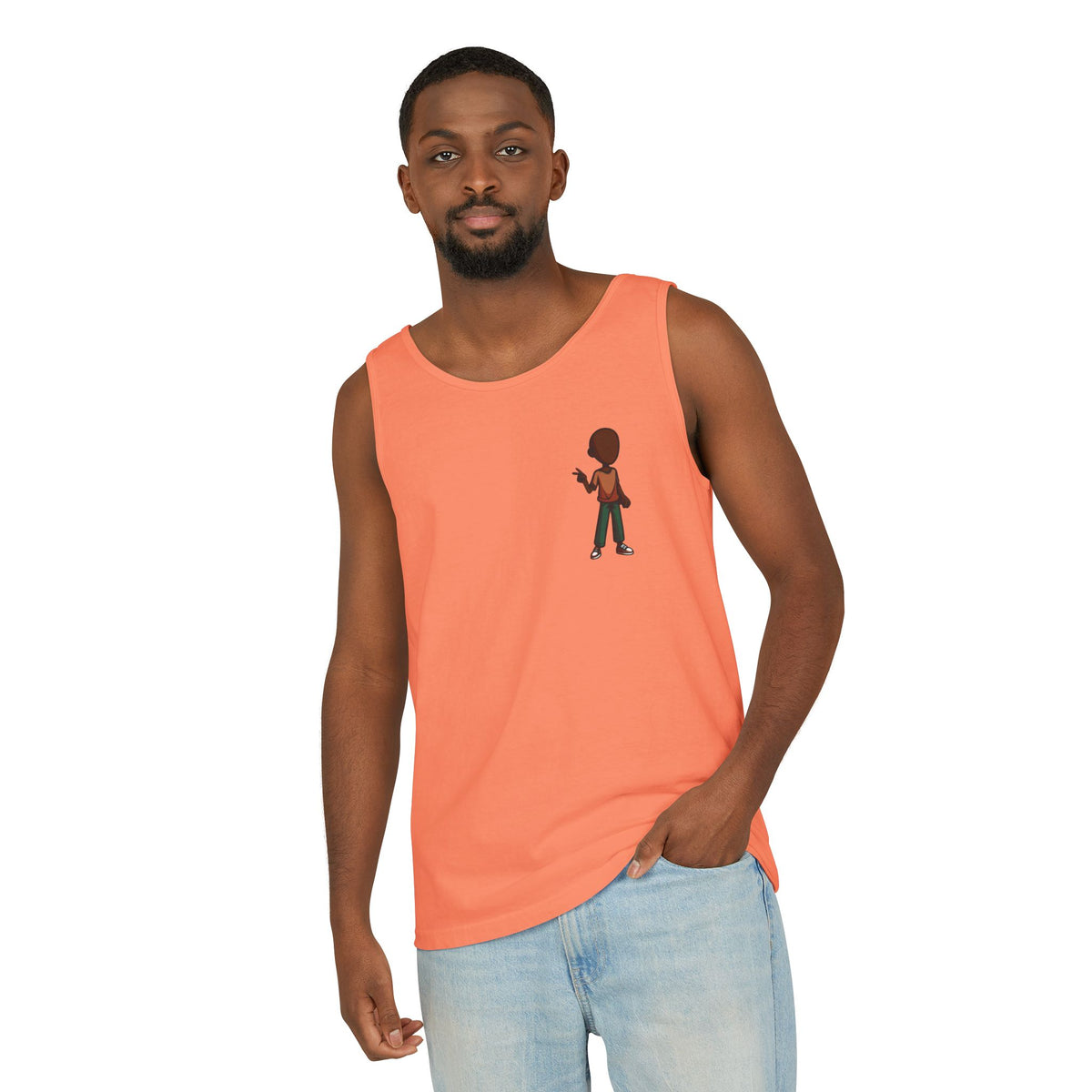 Minimalist Coffee Lover Tank — Small Cartoon Person Holding Mug Graphic Tank Top