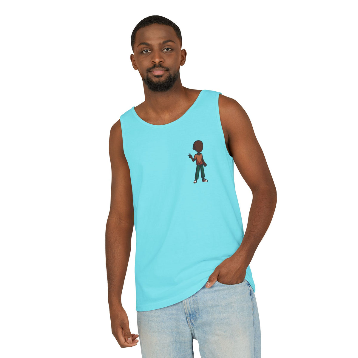 Minimalist Coffee Lover Tank — Small Cartoon Person Holding Mug Graphic Tank Top