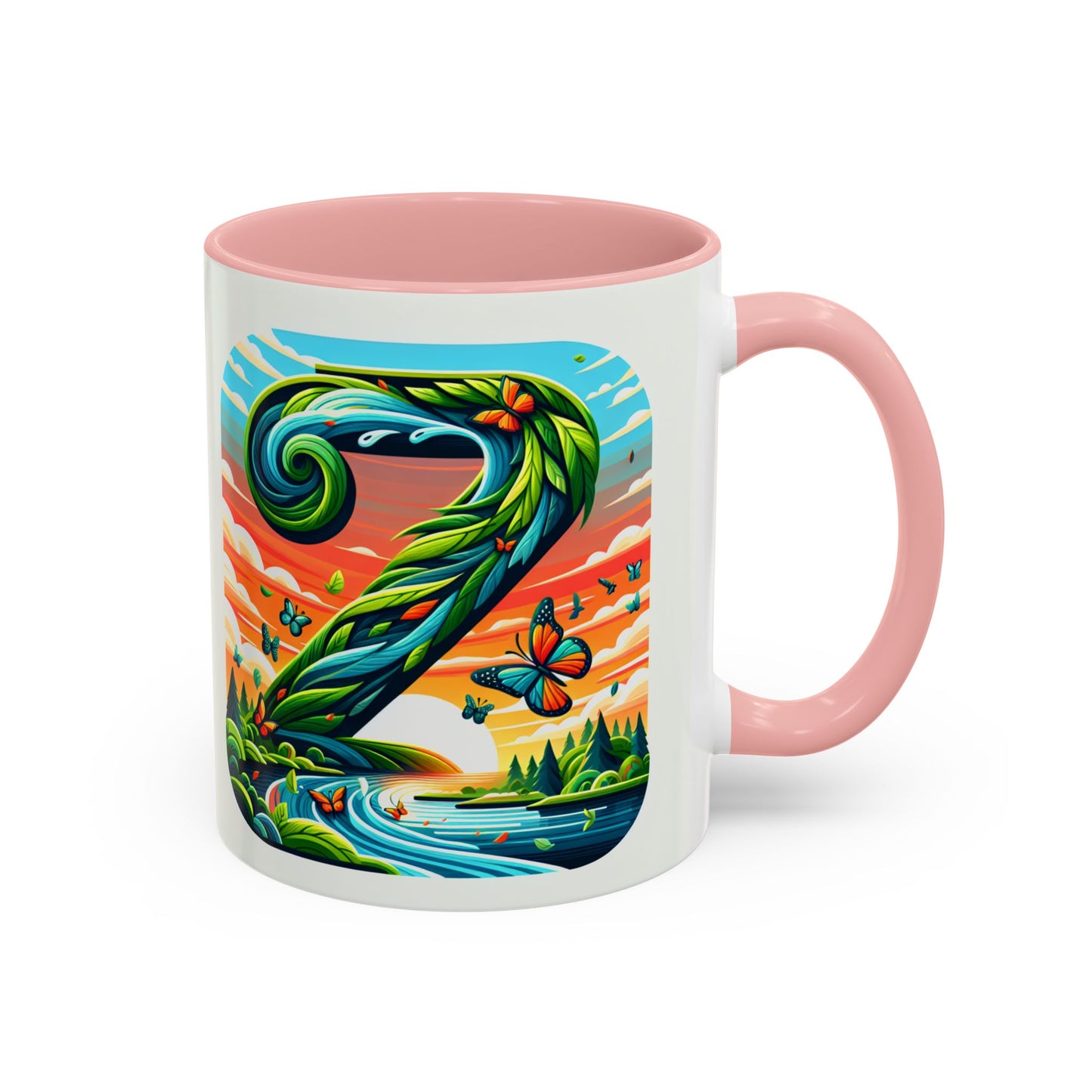 Nature-Inspired Accent Coffee Mug - Vibrant Green Design with Butterflies and Scenic View