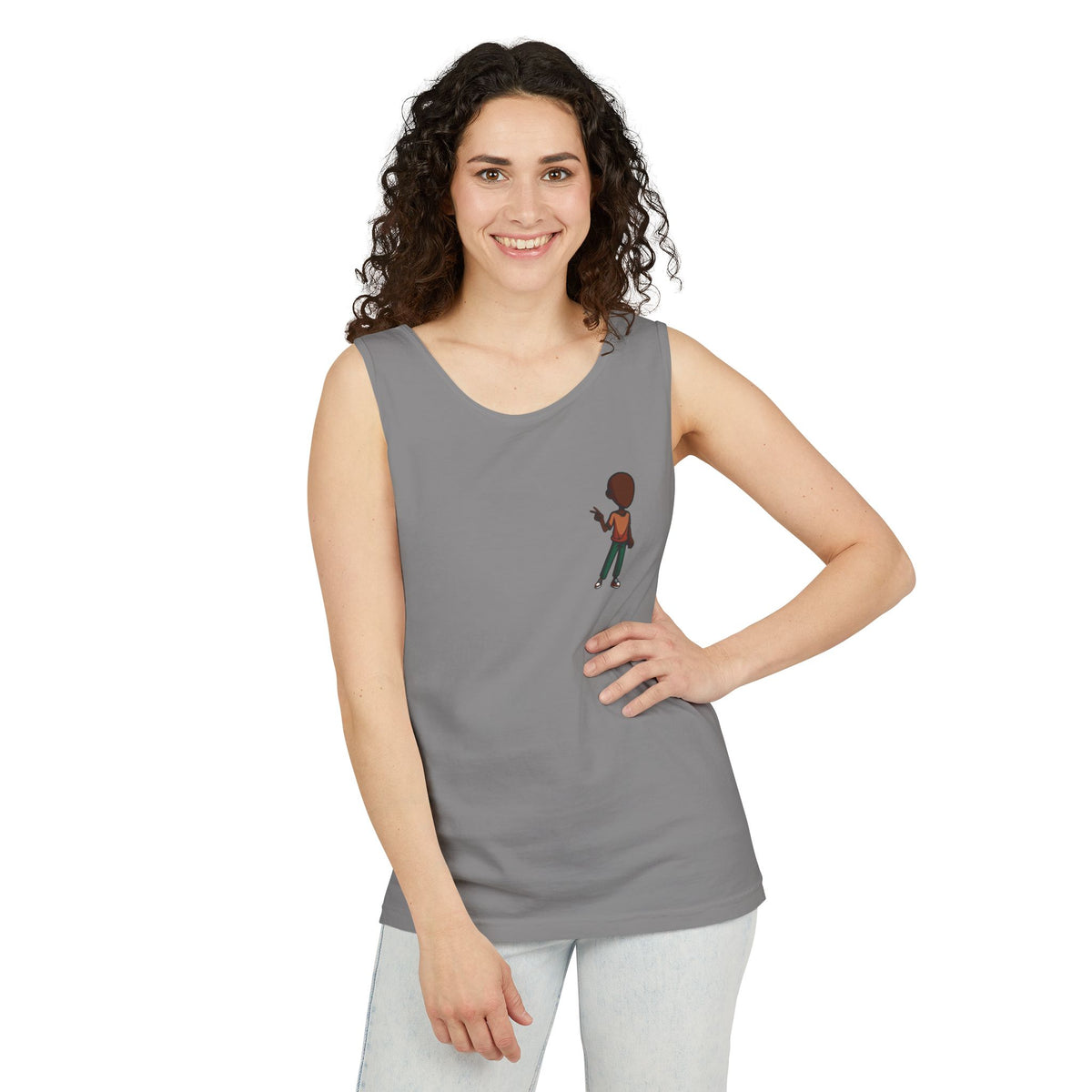 Minimalist Coffee Lover Tank — Small Cartoon Person Holding Mug Graphic Tank Top