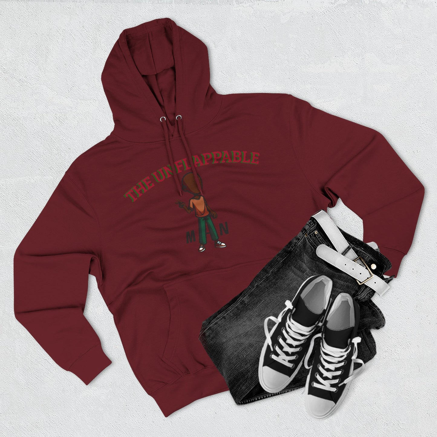 Unflappable Man Hoodie — Graphic Fleece Pullover with Cartoon Character