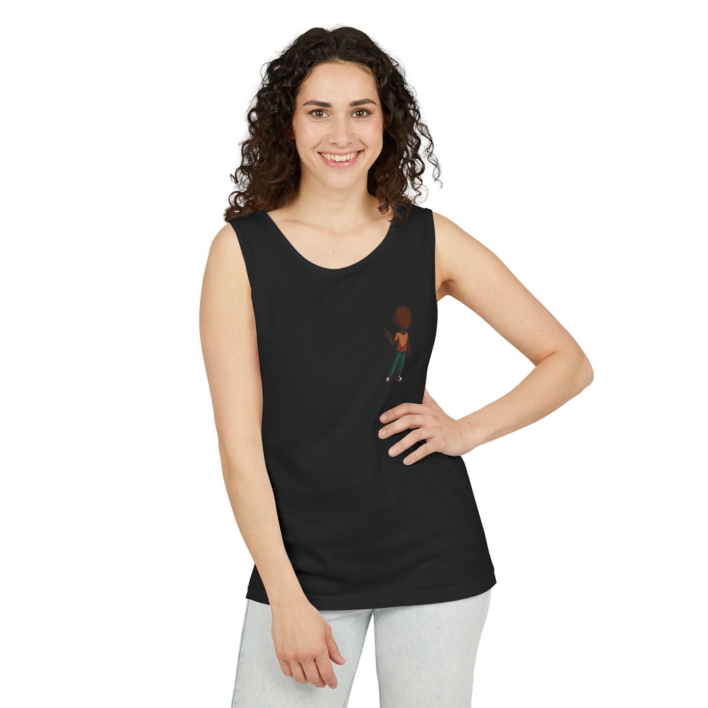 Minimalist Coffee Lover Tank — Small Cartoon Person Holding Mug Graphic Tank Top