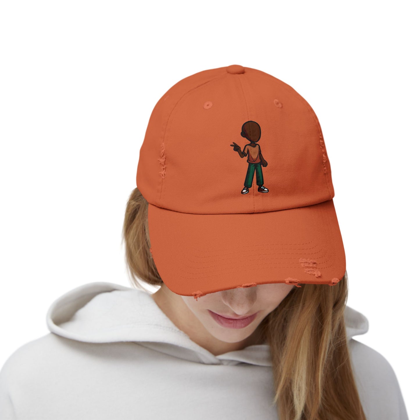 Distressed Black Dad Hat with Retro Boy Graphic — Casual Streetwear Cap