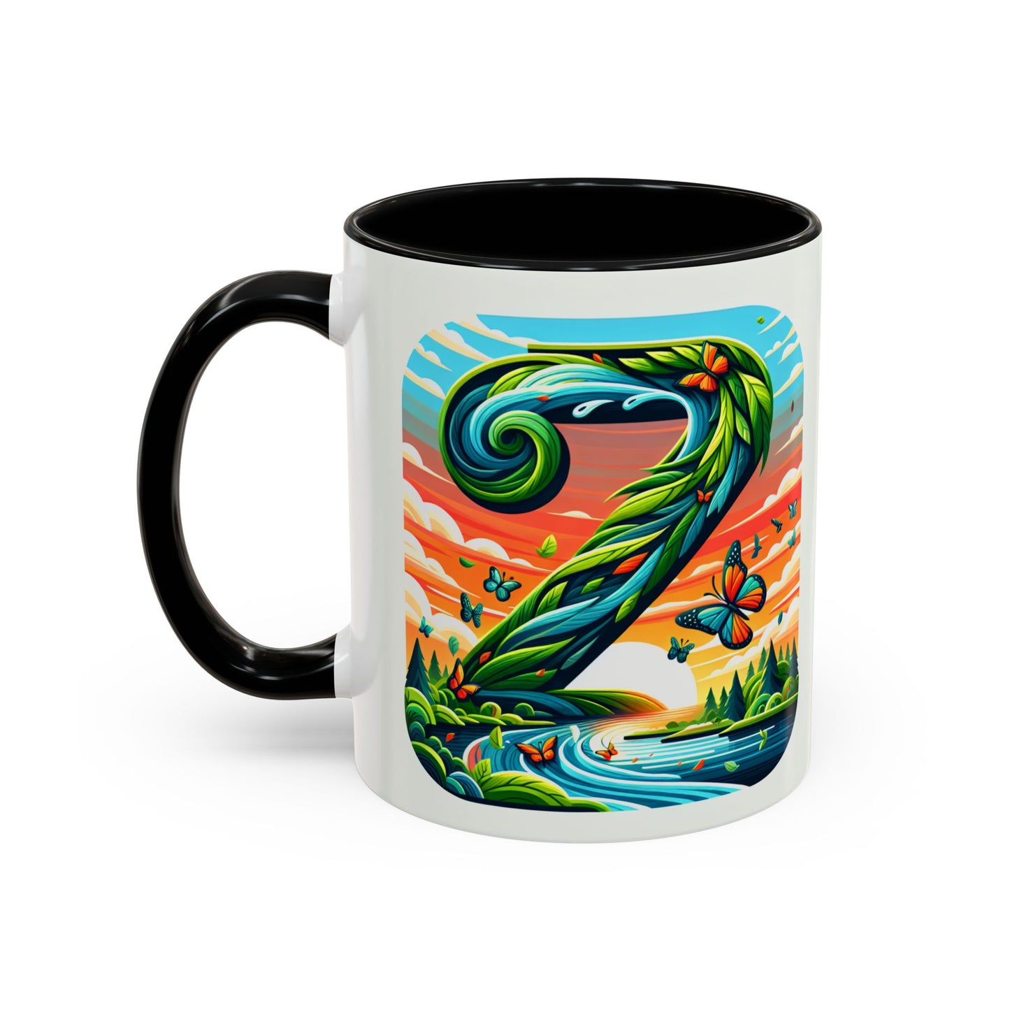 Nature-Inspired Accent Coffee Mug - Vibrant Green Design with Butterflies and Scenic View