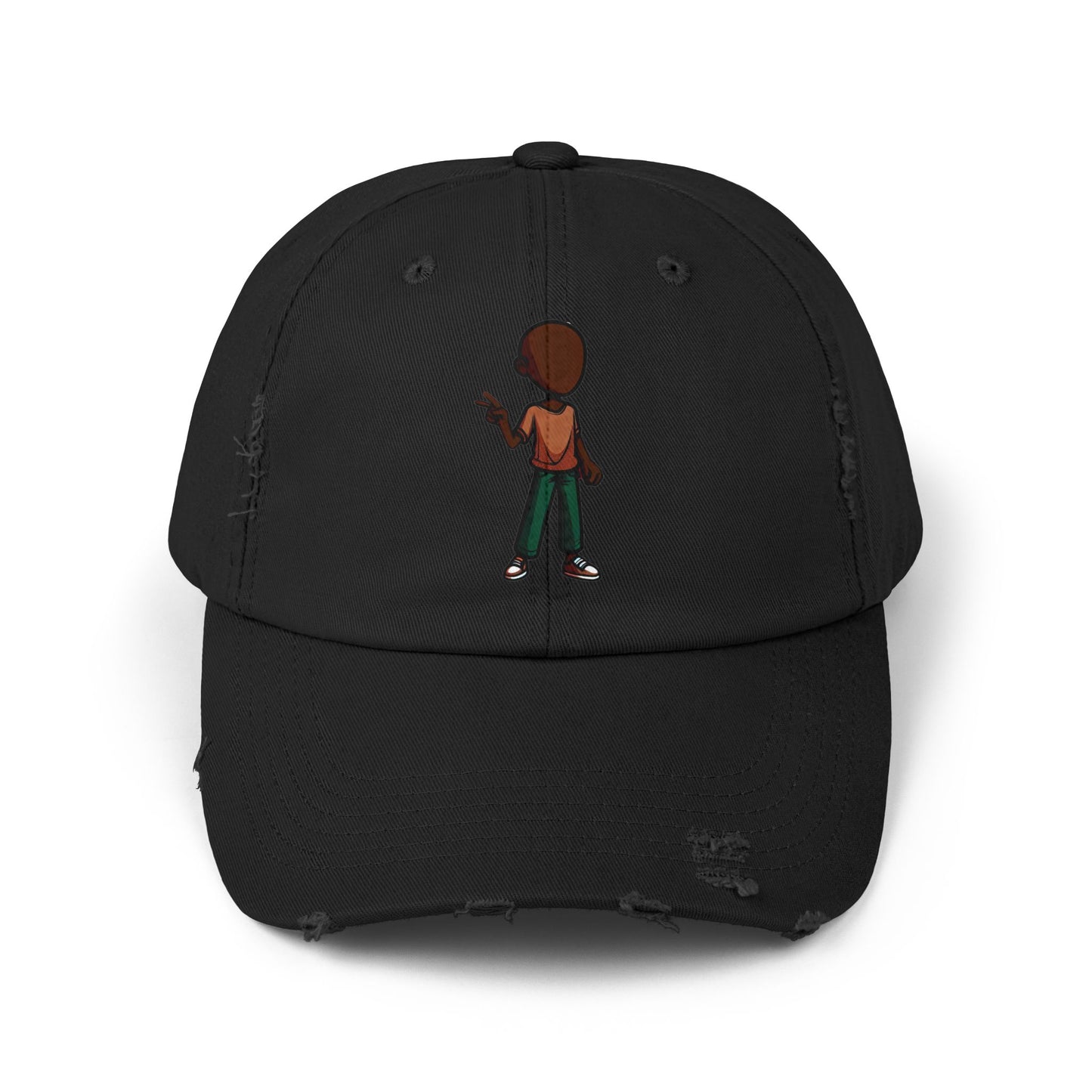 Distressed Black Dad Hat with Retro Boy Graphic — Casual Streetwear Cap