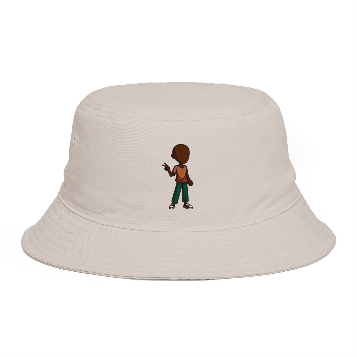 Brown Streetwear Bucket Hat with Small Kid Cartoon Graphic