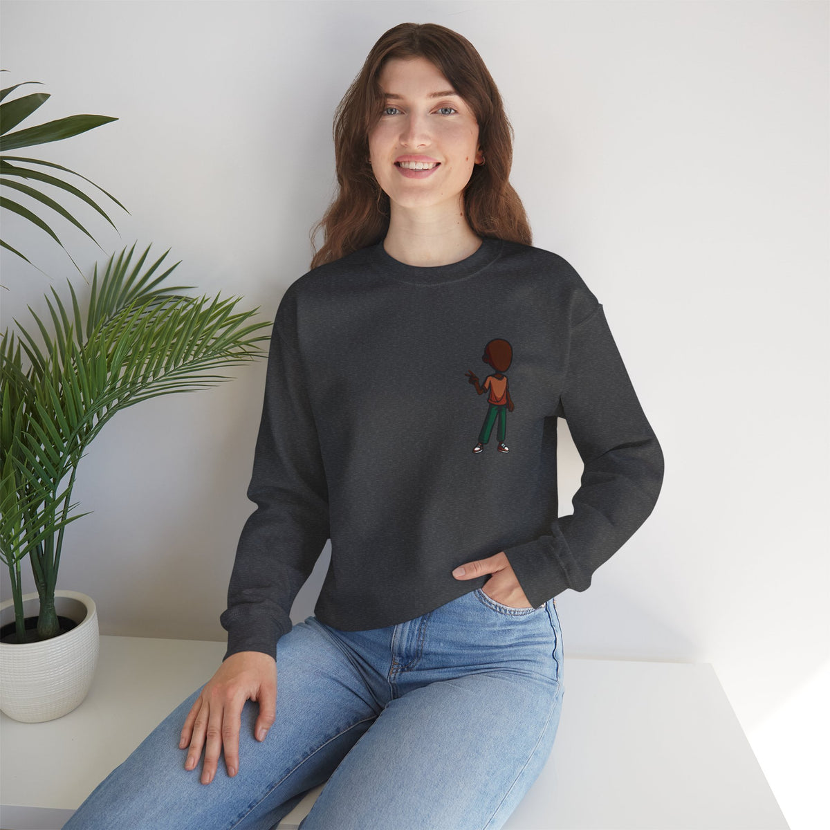 Crewneck Sweatshirt — Minimal Walking Kid Cartoon Chest Print