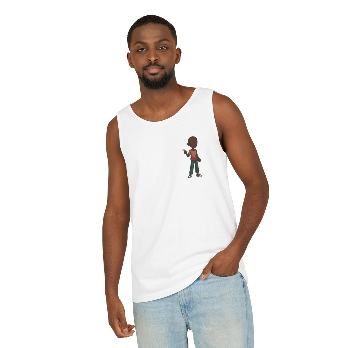 Minimalist Coffee Lover Tank — Small Cartoon Person Holding Mug Graphic Tank Top