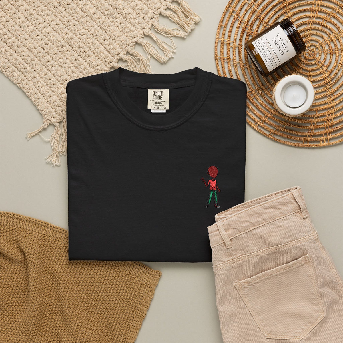 T-Shirt — Tiny Red-Haired Skateboarder Chest Graphic, Minimal Streetwear Tee