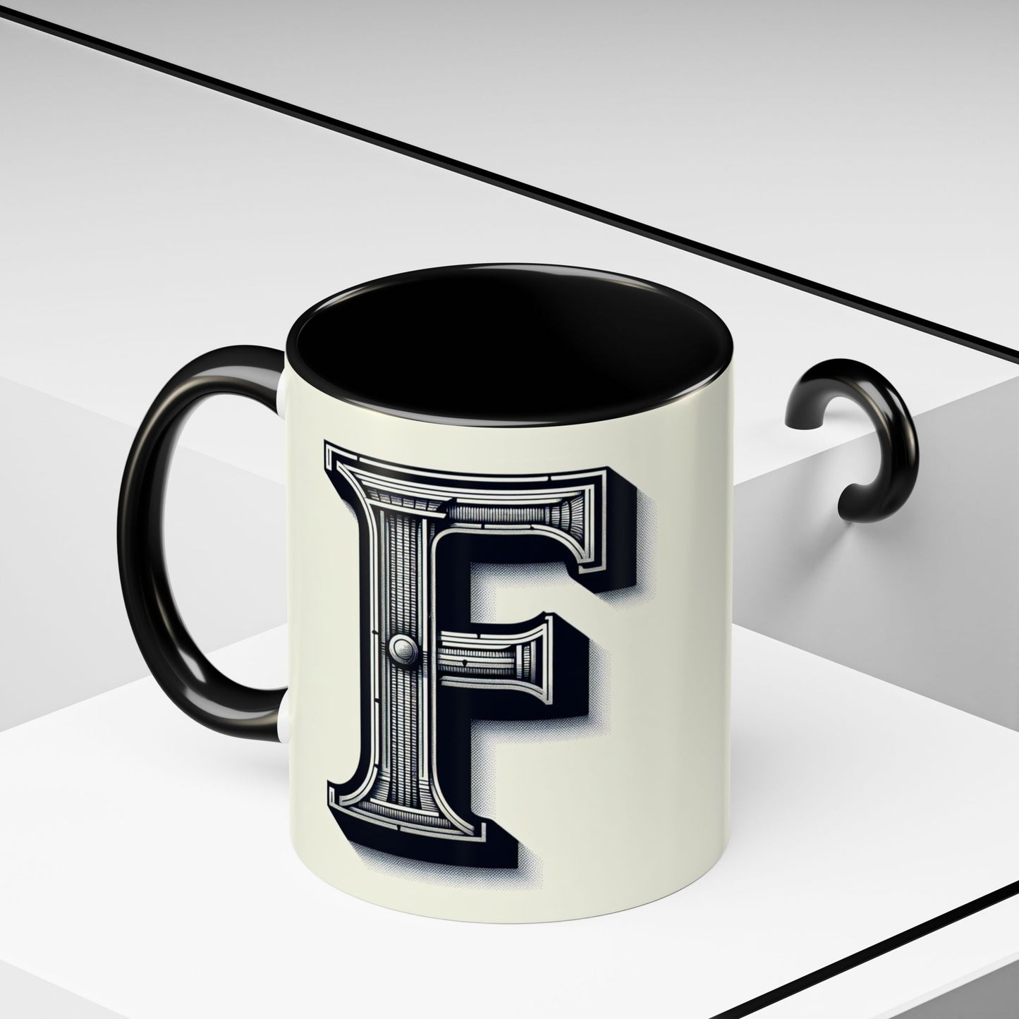 Personalized Initial 'F' Accent Coffee Mug - Stylish Black Handle, Perfect Gift for Coffee Lovers