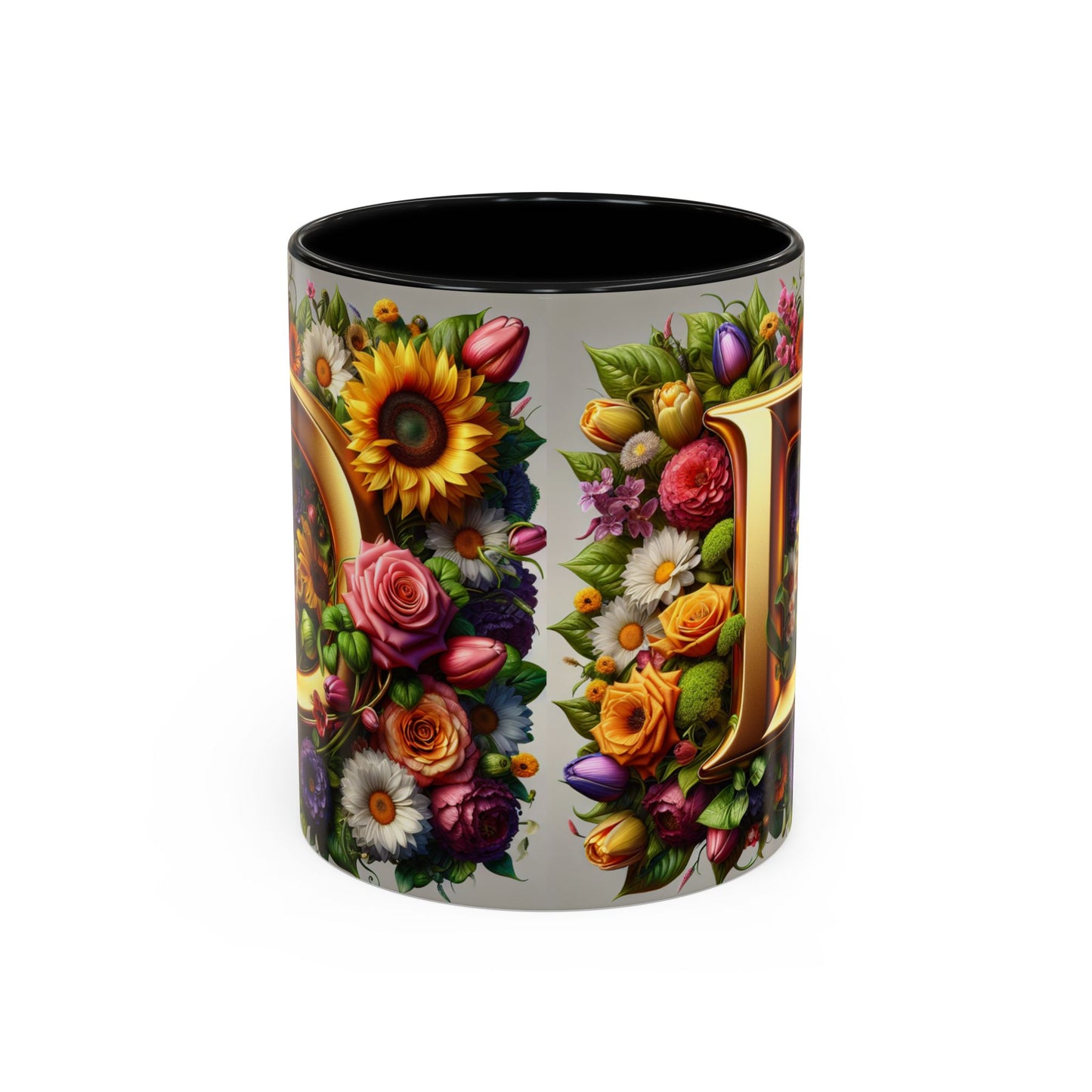 Floral Letter D Accent Coffee Mug - Colorful Personalized Drinkware for Nature Lovers