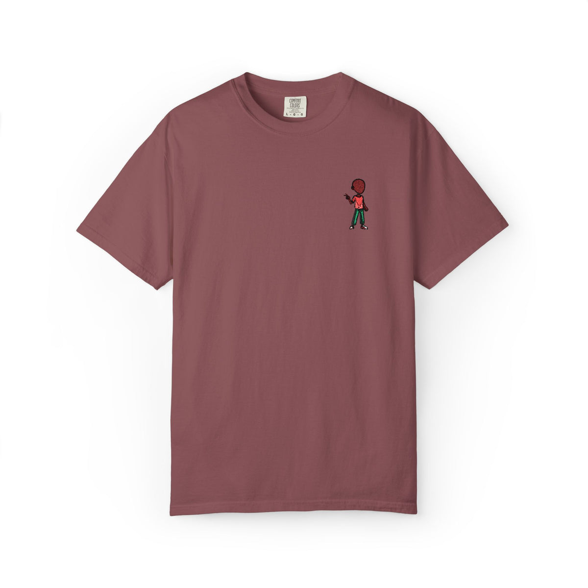 T-Shirt — Tiny Red-Haired Skateboarder Chest Graphic, Minimal Streetwear Tee