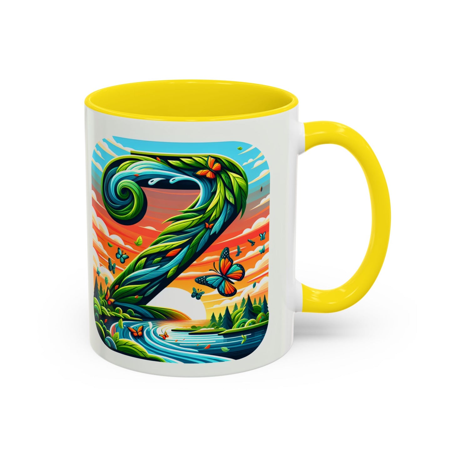 Nature-Inspired Accent Coffee Mug - Vibrant Green Design with Butterflies and Scenic View