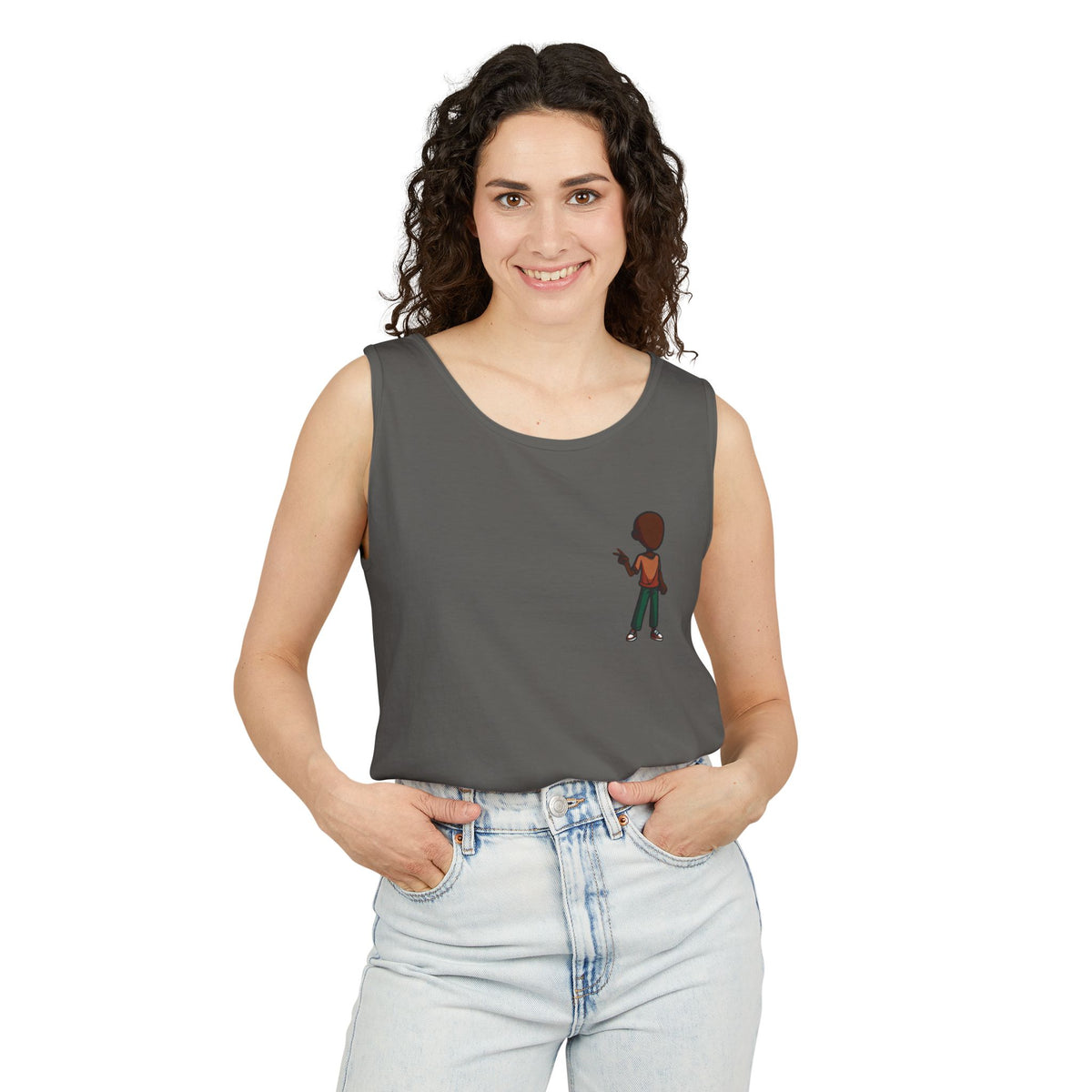 Minimalist Coffee Lover Tank — Small Cartoon Person Holding Mug Graphic Tank Top
