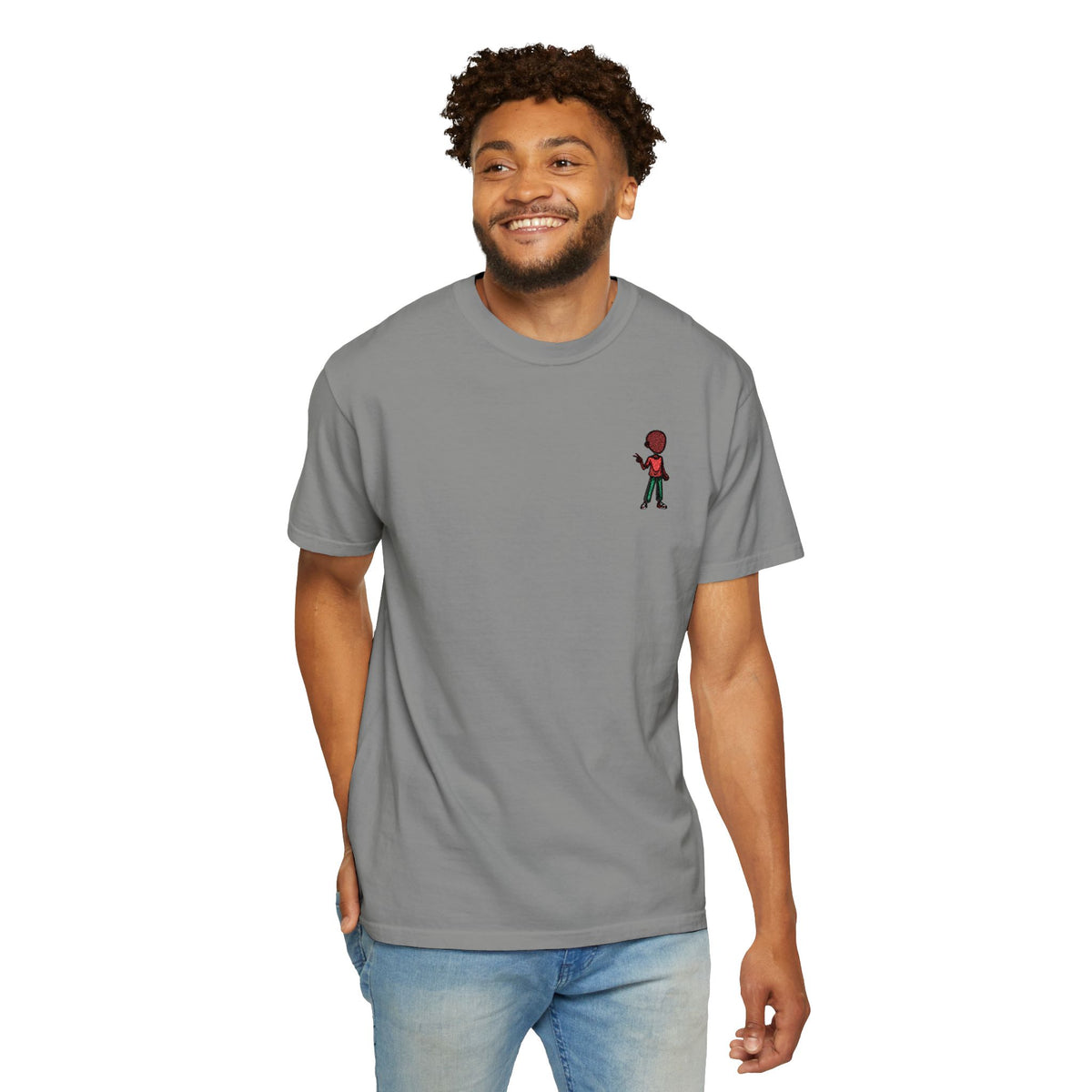 T-Shirt — Tiny Red-Haired Skateboarder Chest Graphic, Minimal Streetwear Tee