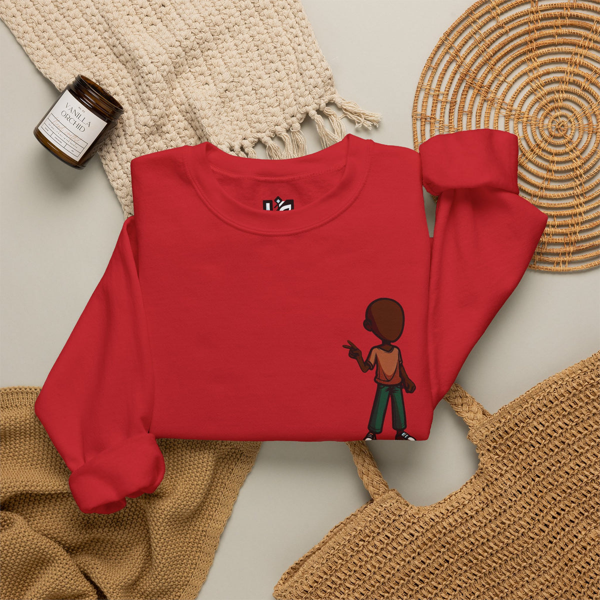 Crewneck Sweatshirt — Minimal Walking Kid Cartoon Chest Print