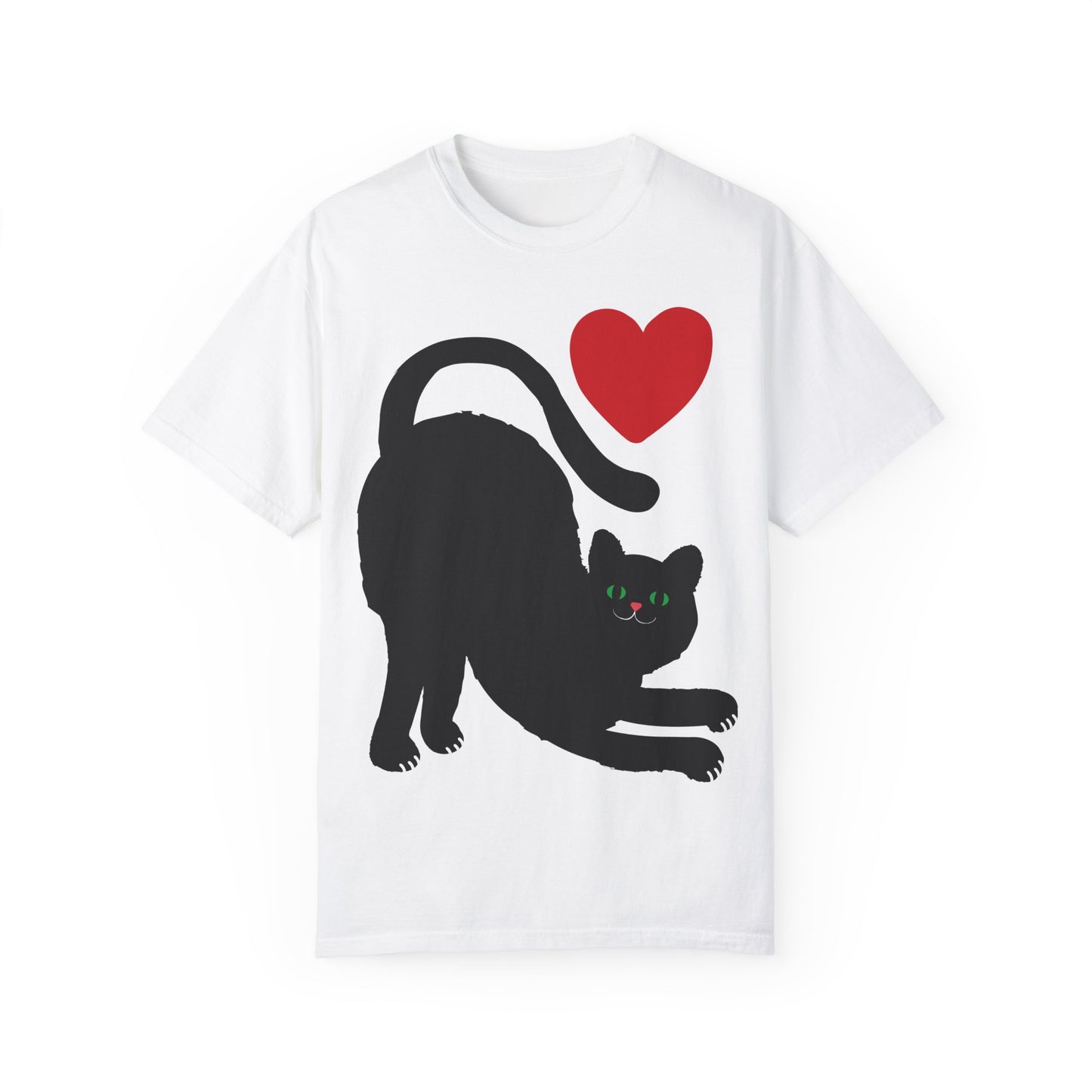 Cute Cat Lover's Unisex Garment-Dyed T-Shirt - Playful Black Cat with Heart Design