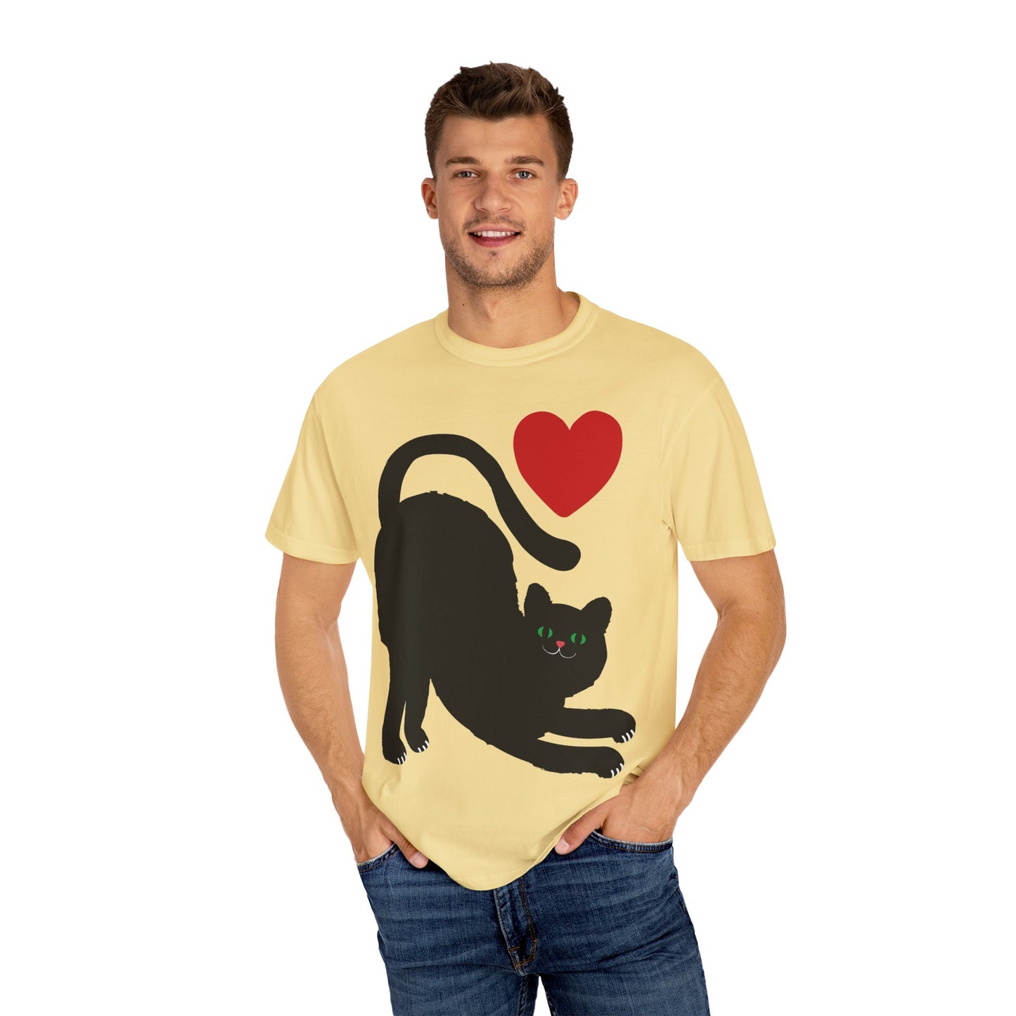 Cute Cat Lover's Unisex Garment-Dyed T-Shirt - Playful Black Cat with Heart Design