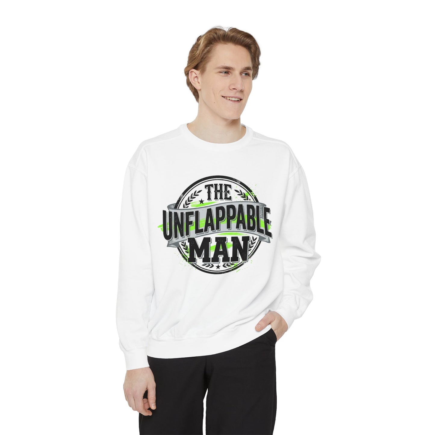 The Unflappable Man Sweatshirt — Retro Badge Graphic Crewneck