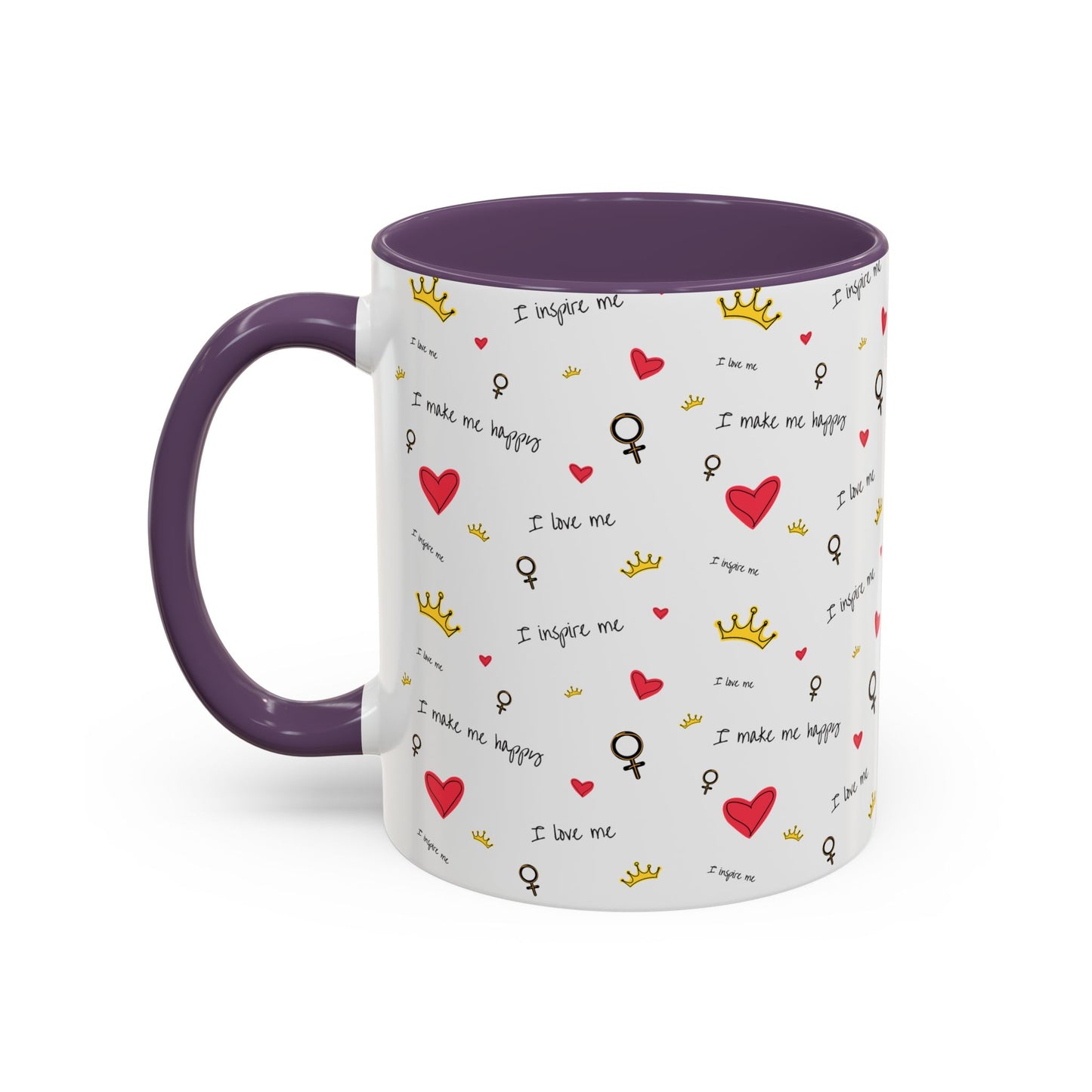 Inspirational Accent Coffee Mug - "I Love Me", Red Hearts and Crowns, Perfect Gift for Self-Care