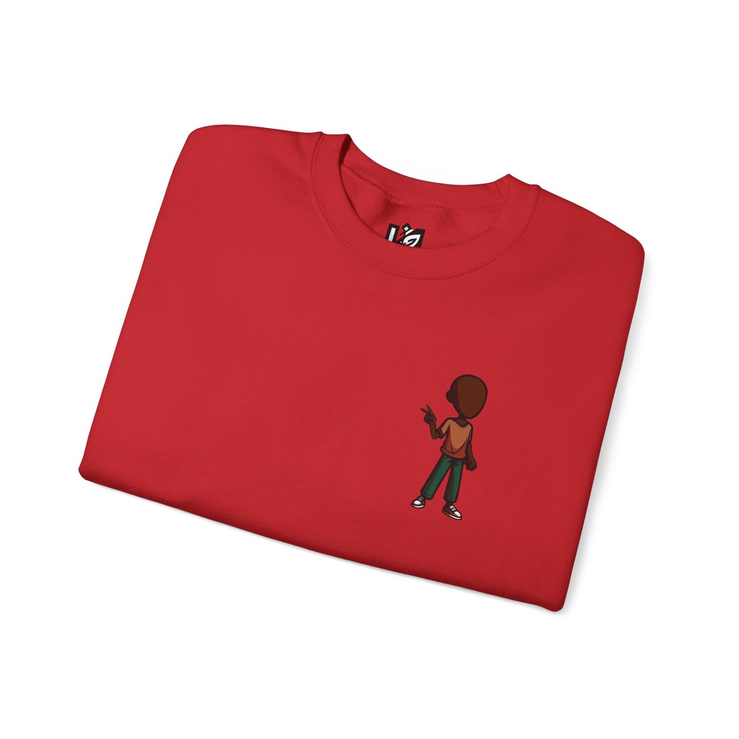 Crewneck Sweatshirt with Cartoon Guitarist & 'Rock On' Sleeve Graphic