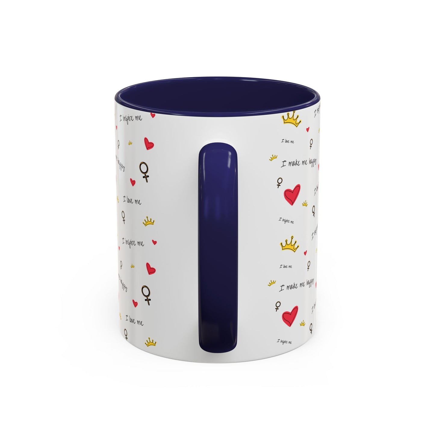 Inspirational Accent Coffee Mug - "I Love Me", Red Hearts and Crowns, Perfect Gift for Self-Care